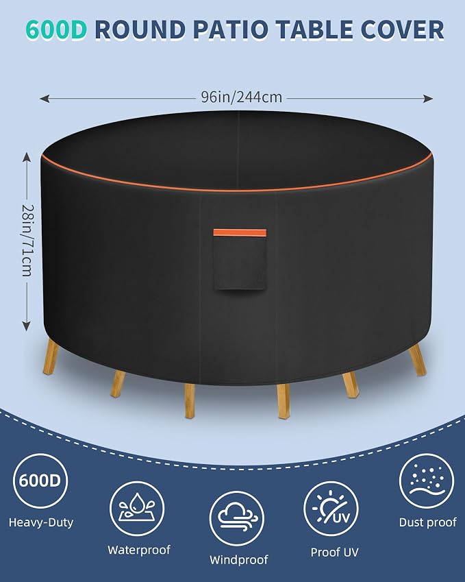 Round Patio Furniture Cover, 96 Inch Diameter Waterproof 600D Heavy Duty Table - Image 2