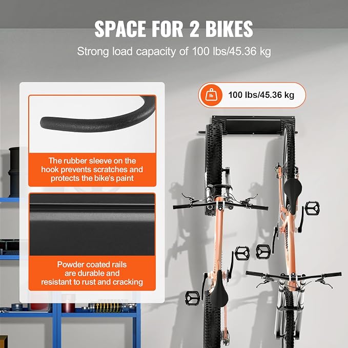 VEVOR Bike Storage Rack, 2 Bike Racks, Wall Mount Bike Storage Hanger, Home and - Image 3