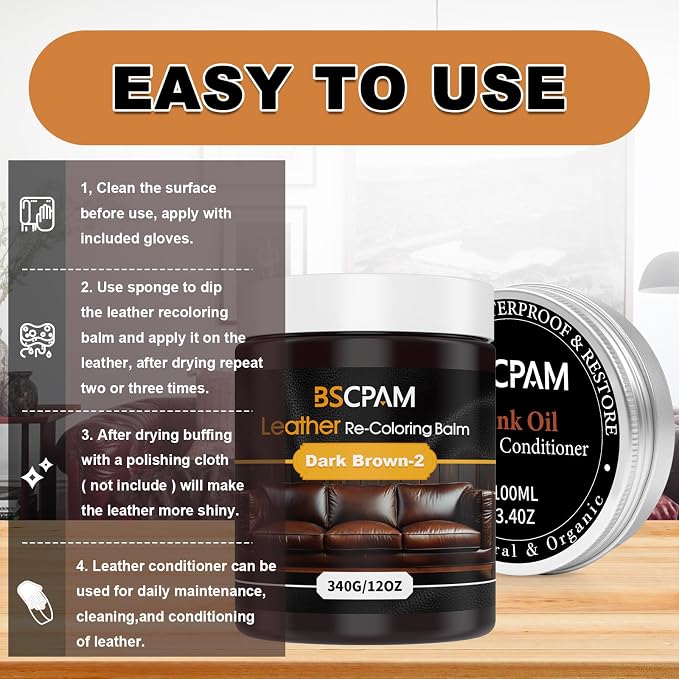 12oz Leather Recoloring Balm & 3.4oz Mink Oil Leather Conditioner kit, Dark - Image 5