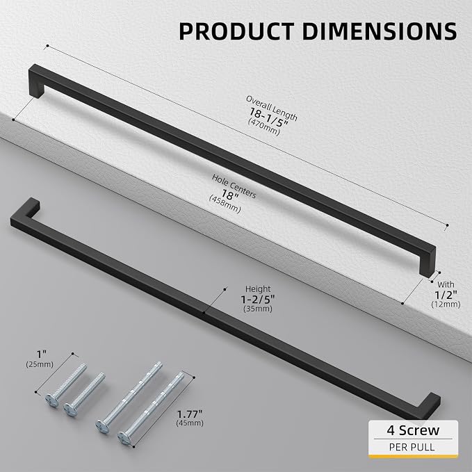 goldenwarm 1 Pack 18INCH Black Cabinet Pulls Kitchen Cabinet Handles-LSJ12BK458 - Image 2