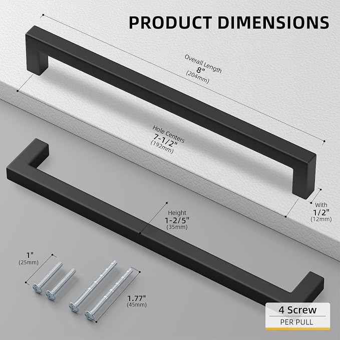 goldenwarm 150 Pack 7-1/2in Black Square Bar Cabinet Pull Drawer Handle - Image 2