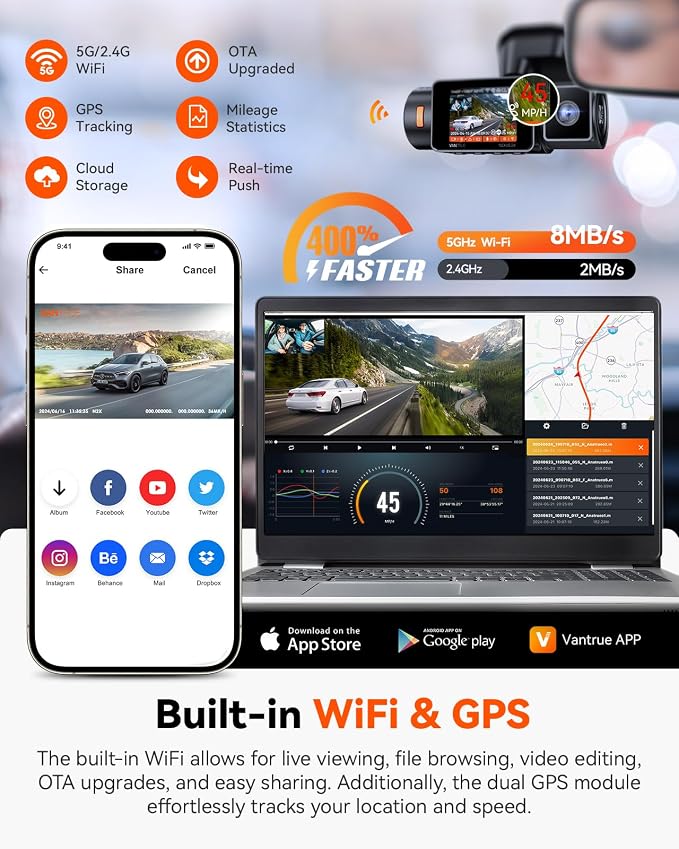 Vantrue N2X 2.7K Uber Dash Cam Front and Inside, 5G WiFi Dual Dash Camera - Image 4
