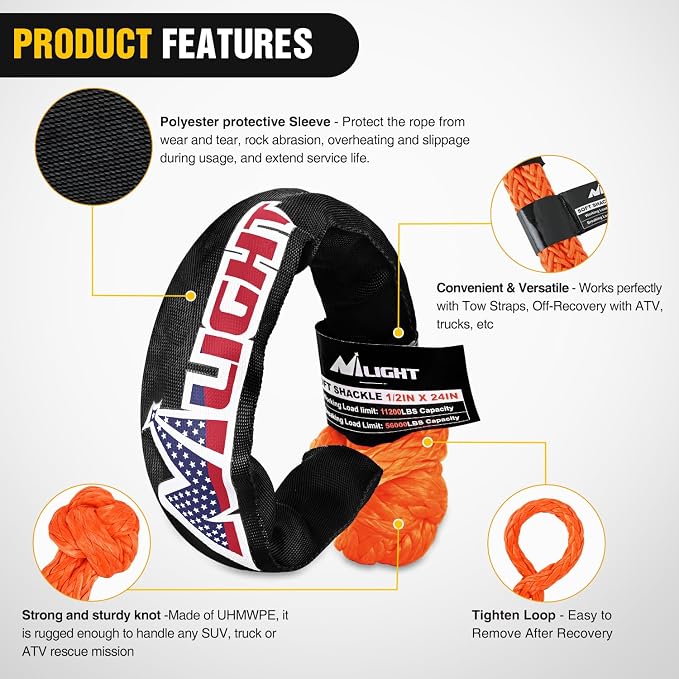 Nilight Synthetic Soft Shackle & Recovery Ring Kit 1/2inch x 24inch Soft Shackle - Image 3