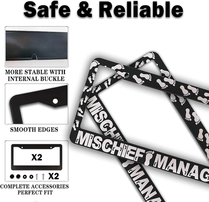 Automotive Exterior Accessories Black and White License Plate Frames Mischief - Image 4