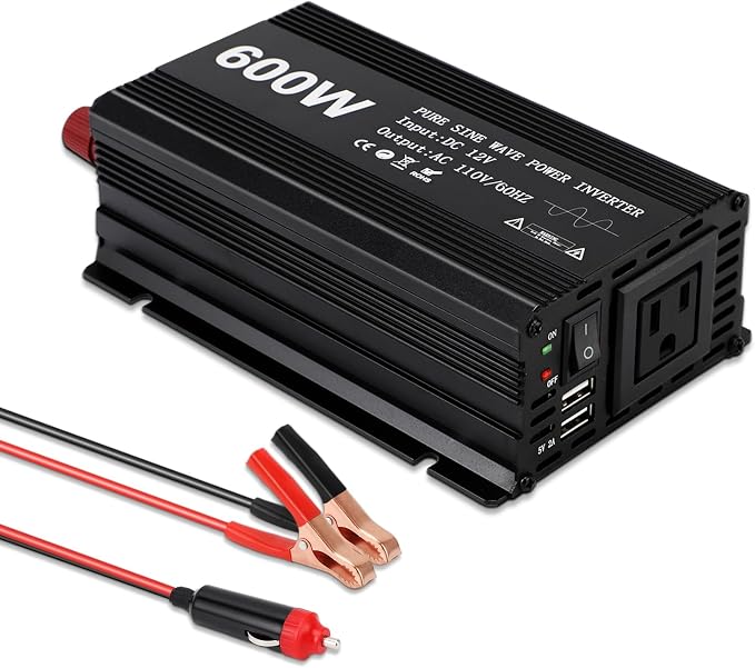 Power Inverter 600W Pure Sine Power Inverter DC 12V to AC 110V Car Converter by YosooHealthGear
