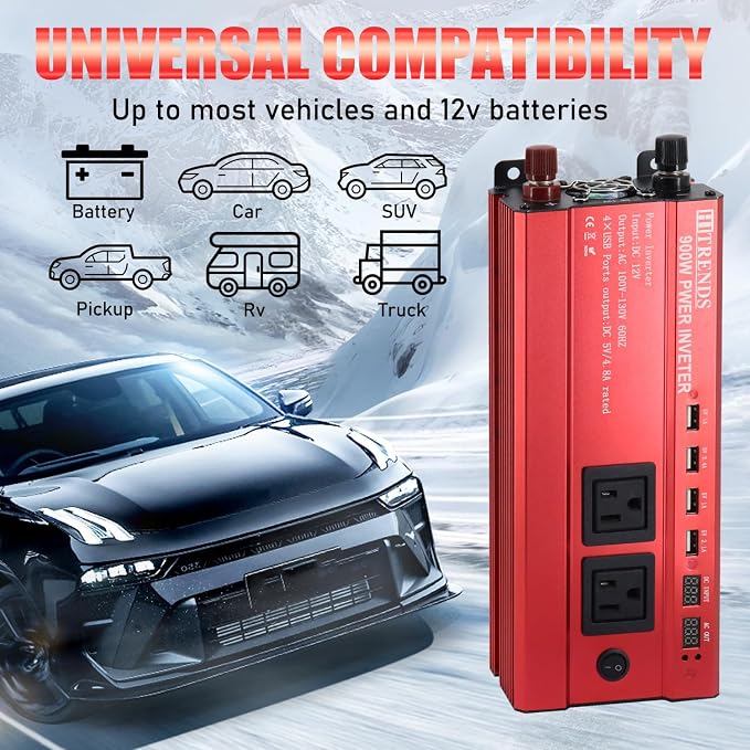 HITRENDS 900W Inverter for Car Power Inverters, 12V DC to 110V AC Converter - Image 2