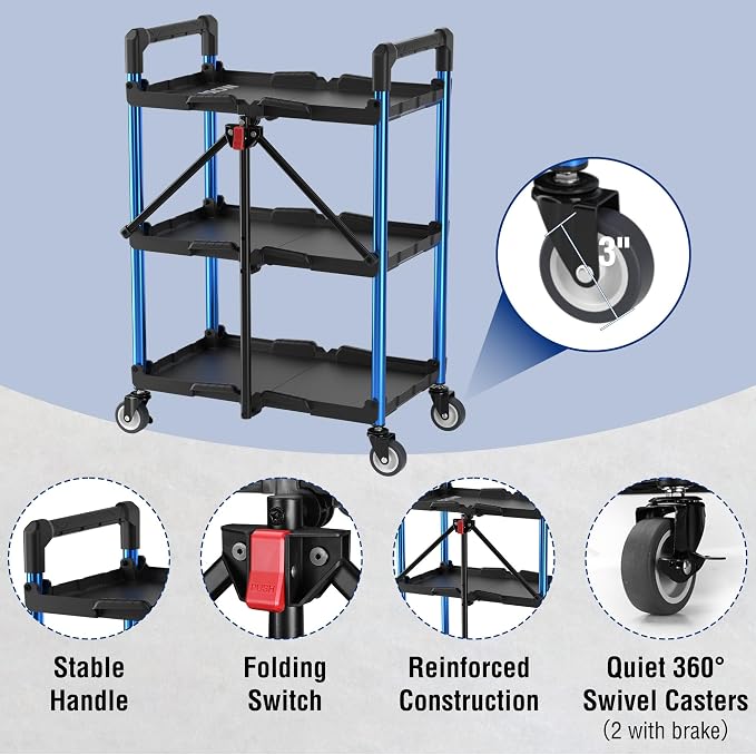 WORKPRO 3-Tier Collapsible Service Cart, 210 LBS Foldable Utility Service Cart - Image 5