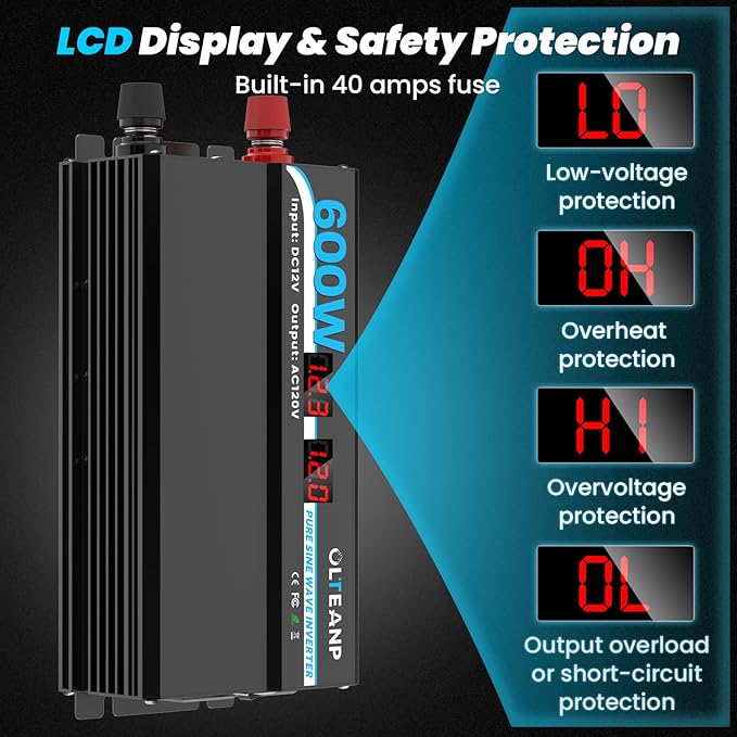 600W Power Inverter Pure Sine Wave Inverter 12V DC to 120V AC Converter - Image 3