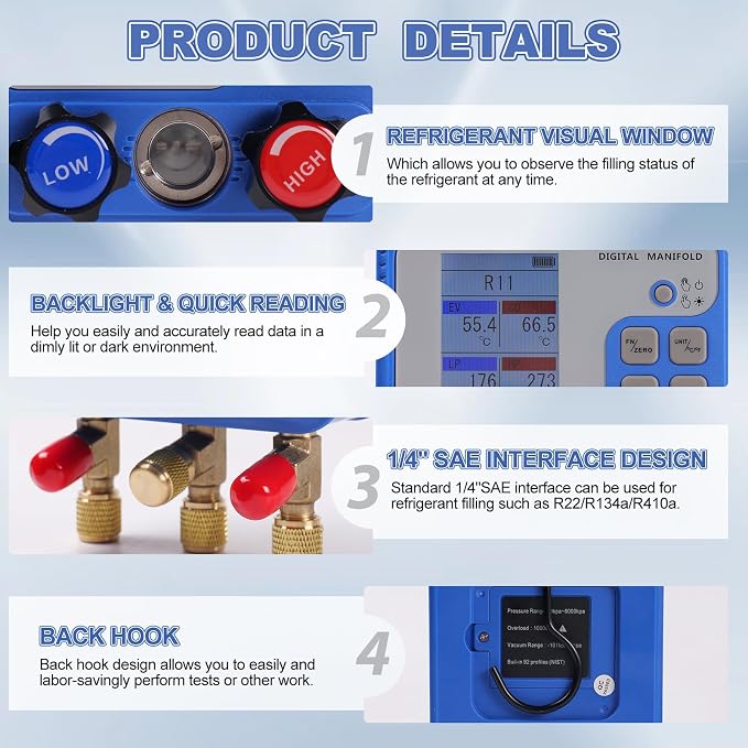 Digital Manifold Gauge Set, HVAC Pressure and Air Tightness Test Gauges - Image 4
