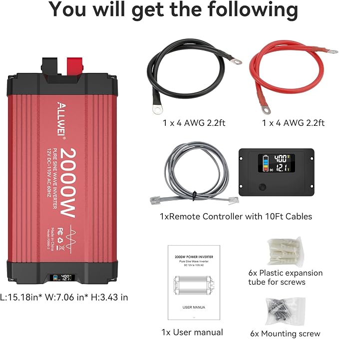 ALLWEI 2000W Pure Sine Wave Inverter 12V DC to 110V AC Converter, Surge 4000W - Image 7