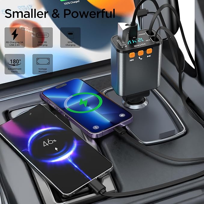 Bluetooth Car Adapter, 5 in 1 Retractable Car Phone Charger - Image 6