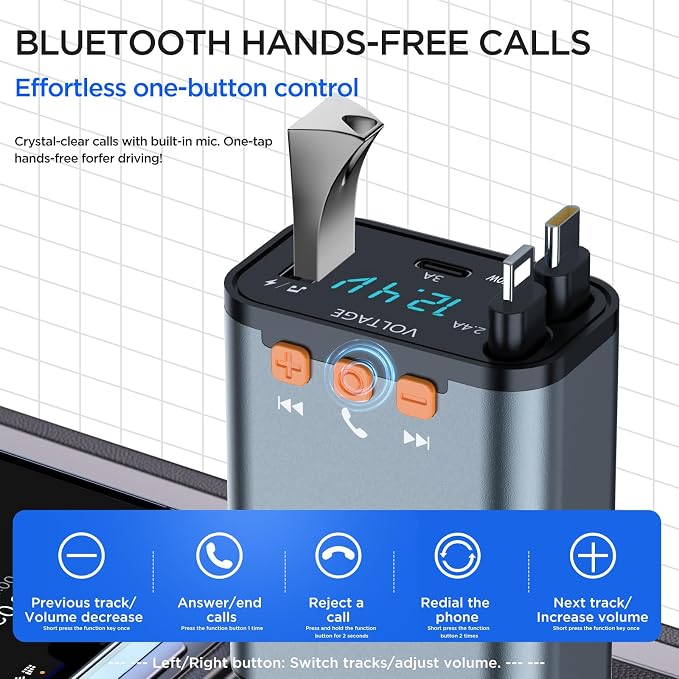 Bluetooth Car Adapter, 5 in 1 Retractable Car Phone Charger - Image 2