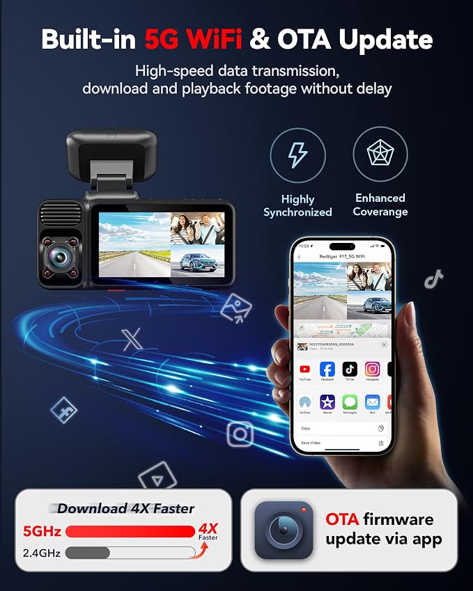 REDTIGER F17 4K 3 Channel Dash Cam, 5GHz WiFi Built-in GPS - Image 4