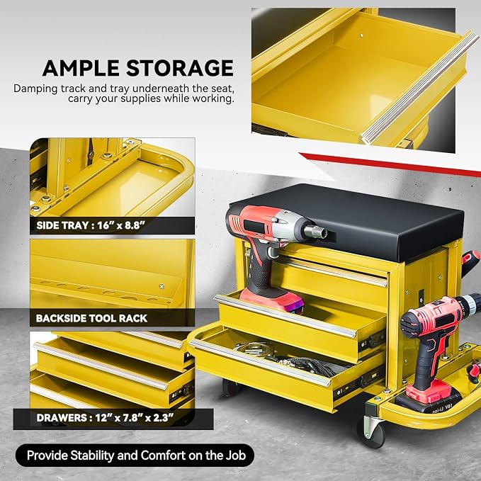 Auto Dynasty 3-Drawer Mechanic Rolling Seat, 350 LBS Capacity Roller Garage - Image 3