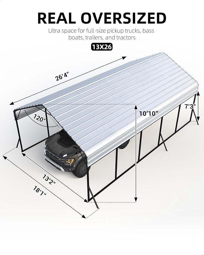 13'x26'x11' Oversized Metal Carport, Steel Heavy Duty Carport - Image 4