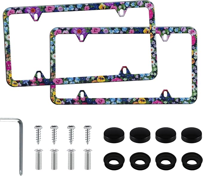 LivTee Flower Floral License Plate Frames, 4 Holes Stainless Steel License by LivTee