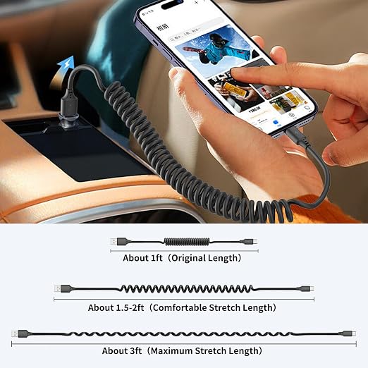 Coiled USB C Cable for Car 2Pack 3ft, USB to USBC Coiled Cord for iPhone 16 15 - Image 2