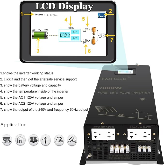 WZRELB 7000W Pure Sine Wave Inverter, 24V DC to 120V 240V AC, 4 AC Outlets - Image 2