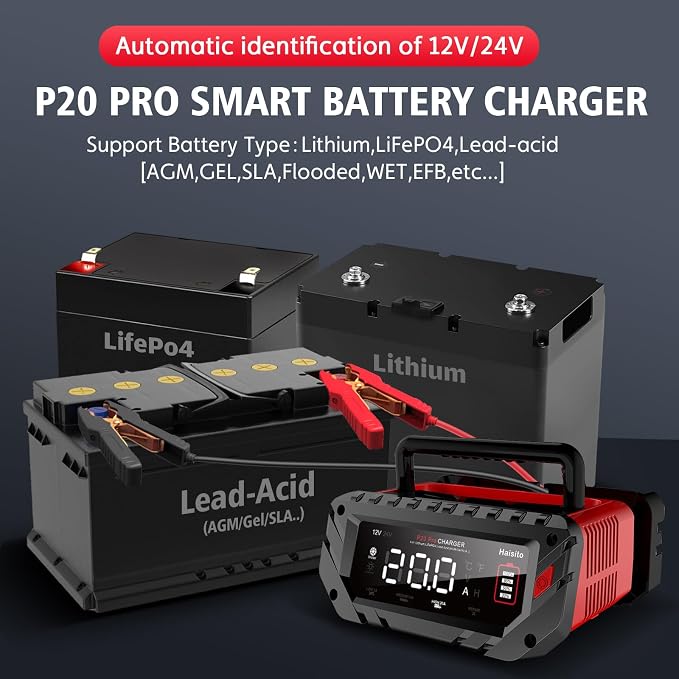 Haisito 20 Amp Lithium Battery Charger, 12V and 24V Lifepo4, Lead-Acid Portable - Image 3