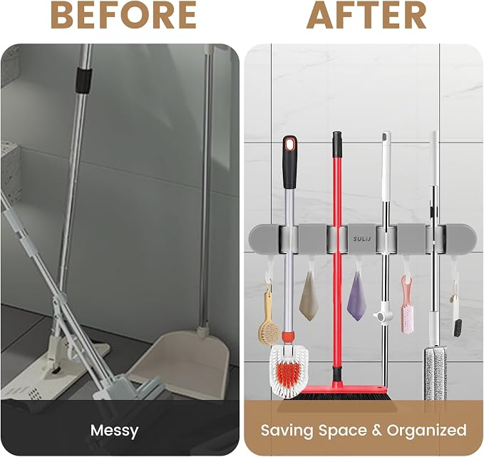 2Pcs Broom Mop Holder with Hooks Wall Mounted Broom Storage Rack No Drilling - Image 4