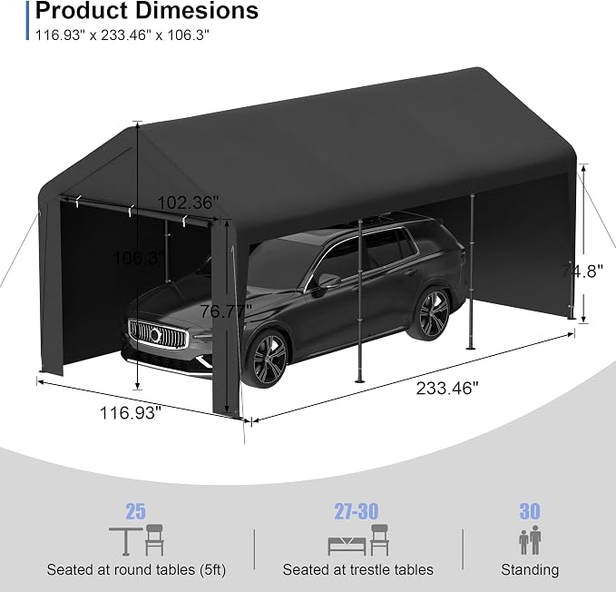 Carport 10x20 Heavy Duty Portable Garage w/Removable Sidewalls & Roll-Up Door - Image 4