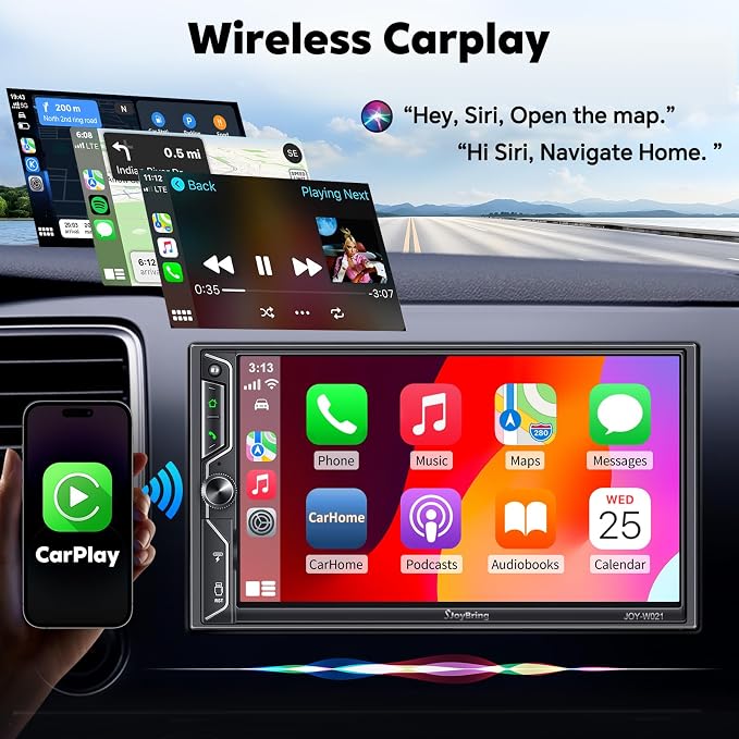 7" Double Din Car Stereo with Wireless Apple CarPlay and Android Auto, 240W - Image 2