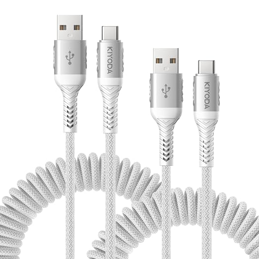 Coiled USB to USB C Cable 6FT, Samsung Galaxy, Google Pixel, LG Phones-Silver by KIYODA