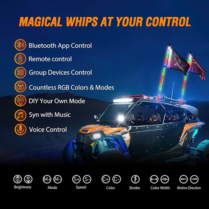 Nilight 2PCS 6FT RGB LED Whip Light, Remote App Control w/DIY Chasing Patterns - Image 2