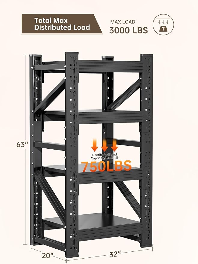 4-Tier Storage Shelves, Adjustable Industrial Metal Shelf System, 000lbs - Image 3