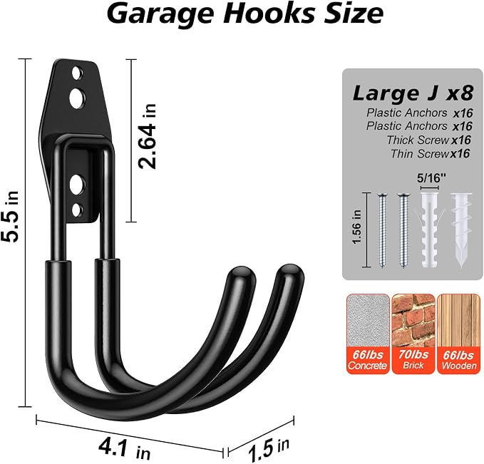 8 Pack 5.5x4.1 inch J Heavy Duty Garage Hooks, Solid Steel Wall Mount Hangers - Image 2