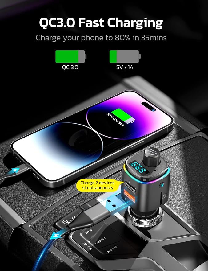 Nulaxy Bluetooth FM Transmitter, QC3.0 Fast Charge Bluetooth Car Adapter - Image 2