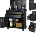 Black Tool Cart with Pegboard and 4 Hooks, Garage Storage Cabinet on Wheels by SUXXANFurniture