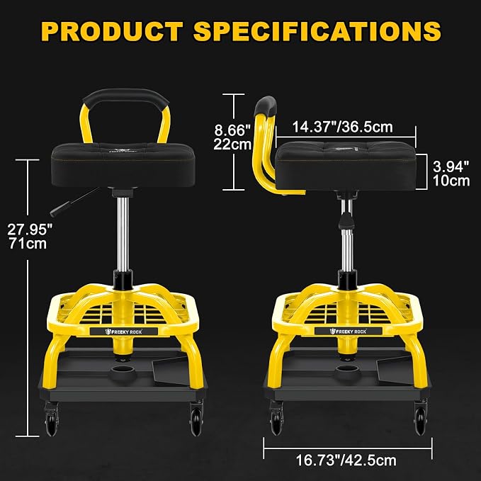 Rolling Shop Stool with Wheels, Garage Mechanic Shop Chair with Handle Backrest - Image 2
