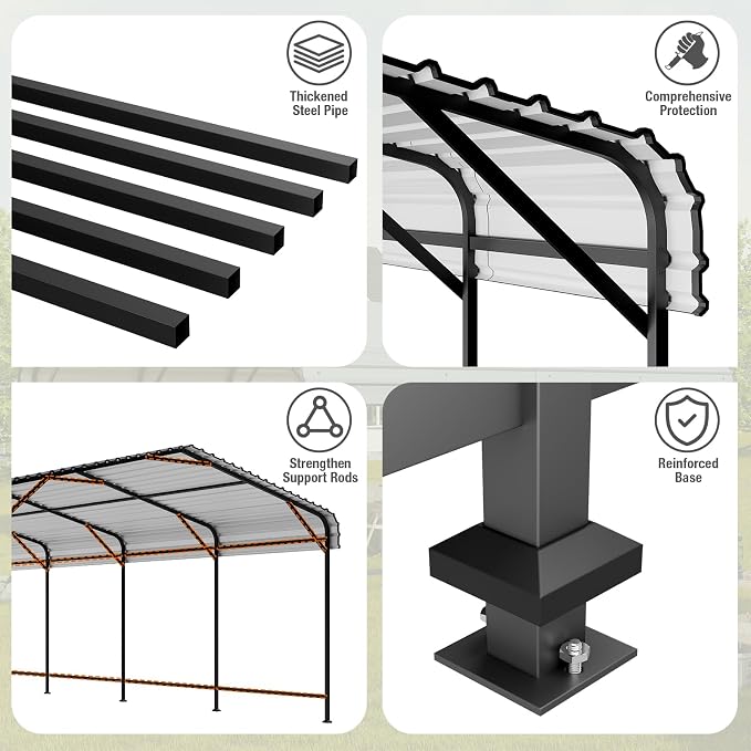 EBE 13' x 25' Metal Carport, Outdoor Steel Carport Canopy - Image 3