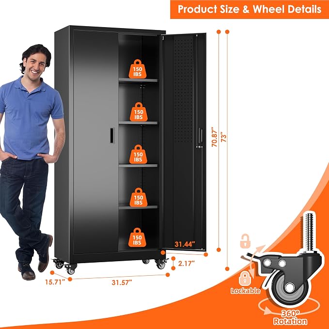 Garage Storage Cabinet with with Pegboard and Wheels, Tool Storage, Home Office - Image 3