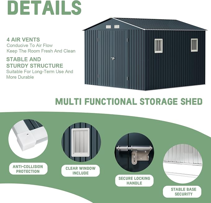 Breezz Outdoor Storage Shed 10X10FT. Utility Tool Shed Metal Storage Garden Shed - Image 3