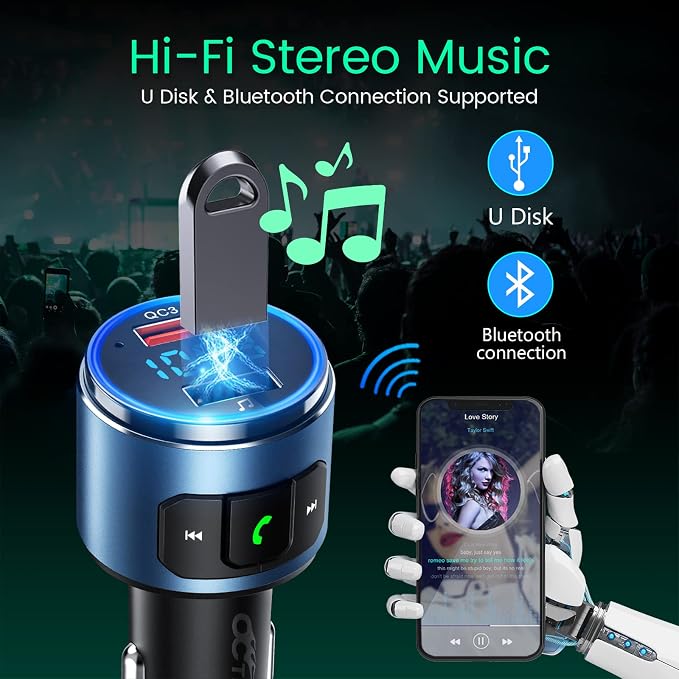 Upgraded FM Bluetooth Transmitter Car, QC3.0 Quick Charging & LED Backlit - Image 6
