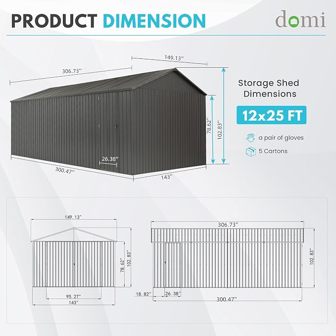 Domi 12'x25' Metal Garage Shed, Heavy Duty Outdoor Steel Carport - Image 2