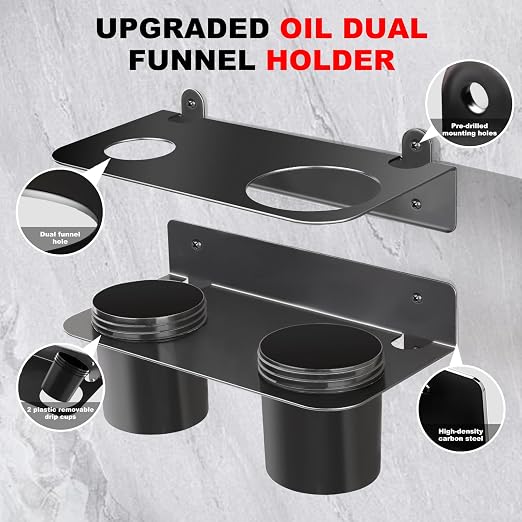 Oil Dual Funnel Holder Storage Rack Includes 2 Plastic Removable Drip Cups - Image 8