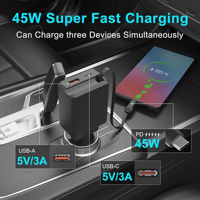 Retractable Car Charger, Total 75W Fast Charger 3 in 1 USB C Car Adapter - Image 5