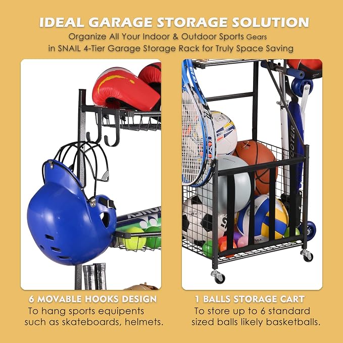 Snail Garage Sports Equipment Storage Organizer Sports Ball Storage Rolling Cart - Image 3