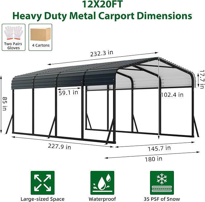 12' x 20' x 8.5' Heavy Duty Metal Carport - Image 2