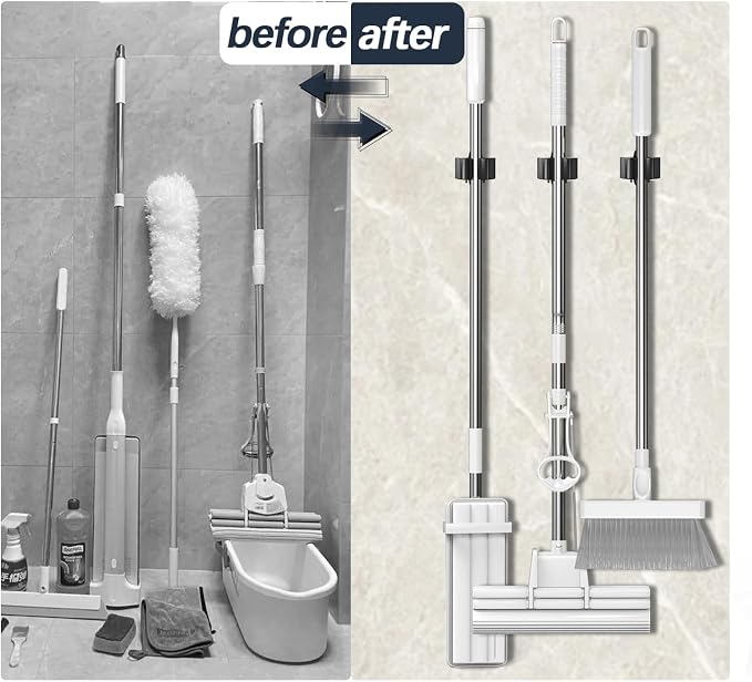 3-H Stainless Steel Broom Holder Wall Mount 6-Pack- Heavy Duty Mop Organizer - Image 6