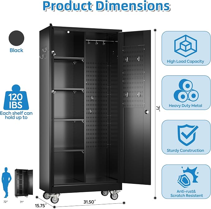 Garage Storage Cabinet with Wheels and 5 Pegboard, Broom Closet Storage Cabinet - Image 2