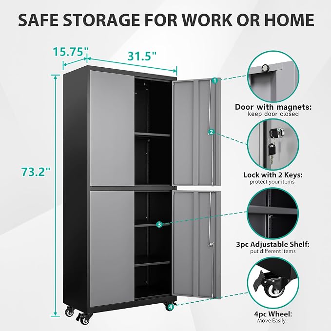 Metal Storage Cabinet with Wheels, Rolling Garage Storage Cabinet with Lock - Image 2