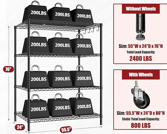 PrimeZone 2 Packs 55.5" W x 24" D x 80" H Heavy Duty Wire Storage Shelves - Image 3