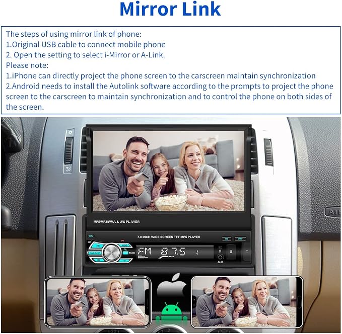 Hikity Carplay Single Din Car Stereo, 7 Inch Flip Out Touch Screen Car Radio - Image 3