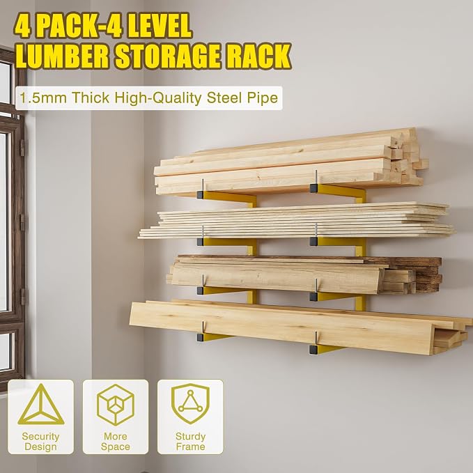 4-Pack Lumber Storage Rack, Wood Storage Racks Wall Mount, Heavy Duty Garage - Image 2