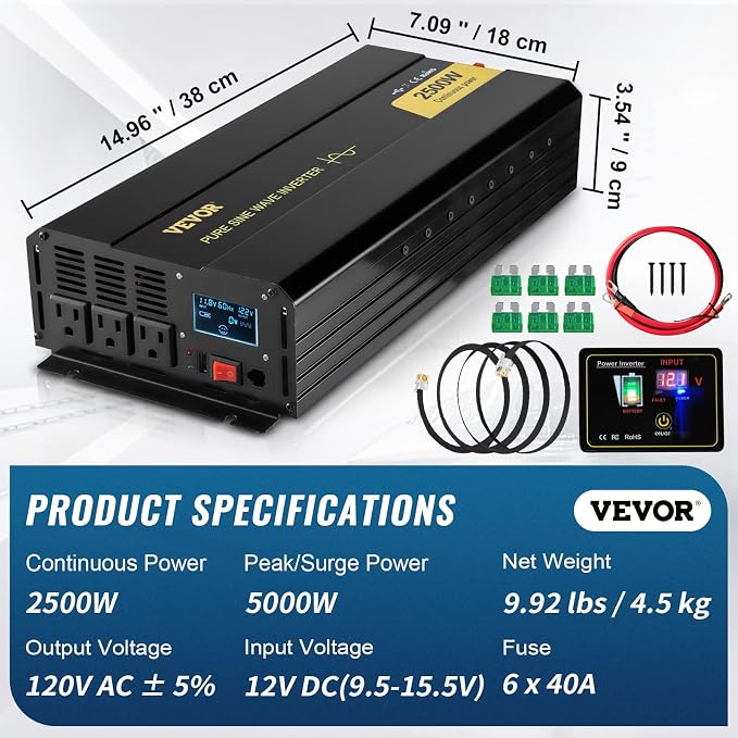 VEVOR 2500W Pure Sine Wave Inverter, 12V DC to 120V AC Car Inverter, 3 AC - Image 7