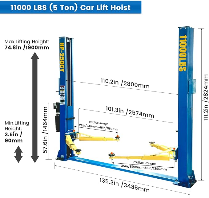 110V Two Post Car Lift 11, 000 LBS, Single-Sided Unlocking Heavy Duty Floor - Image 2